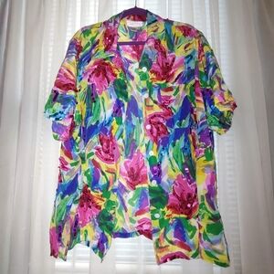 3X Vintage Gilman Vibrant Tropical Floral Button-Up Shirt Top Blouse